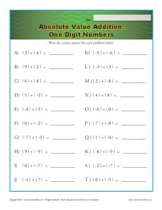 Absolute Value Worksheet - Addition