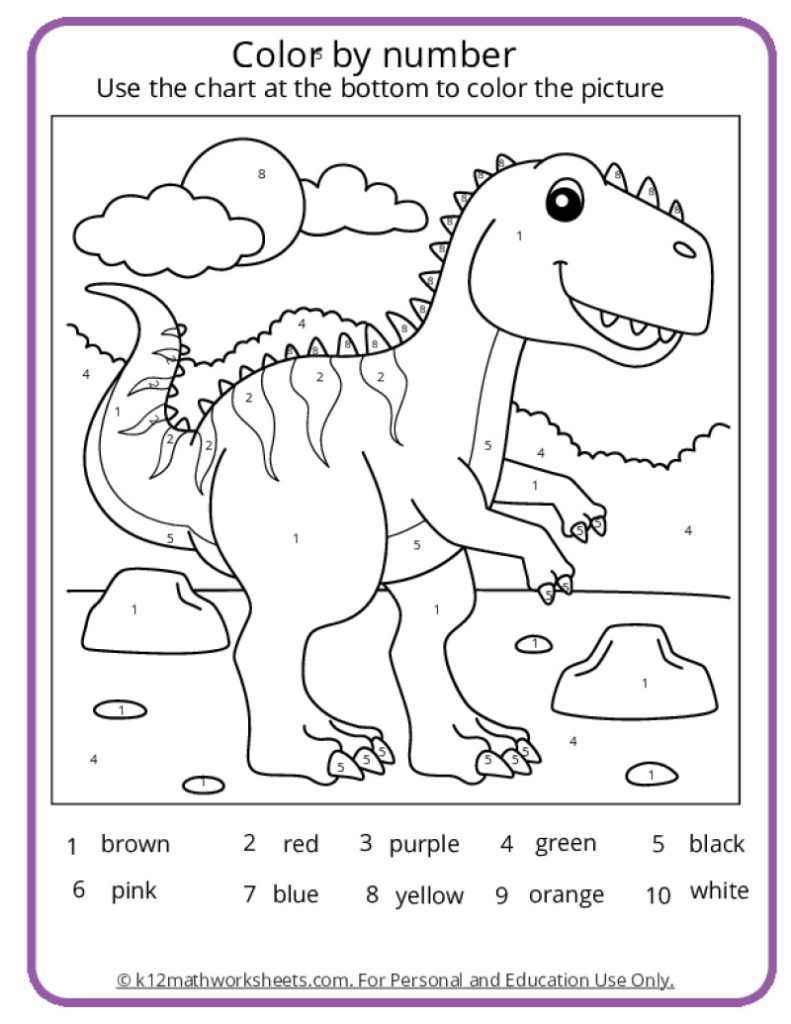 Dinosaur Color by Number Printable Math Coloring Pages