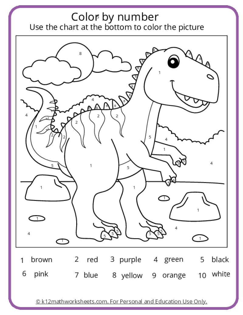 Dinosaur Color by Number Pages - K12 Math Worksheets