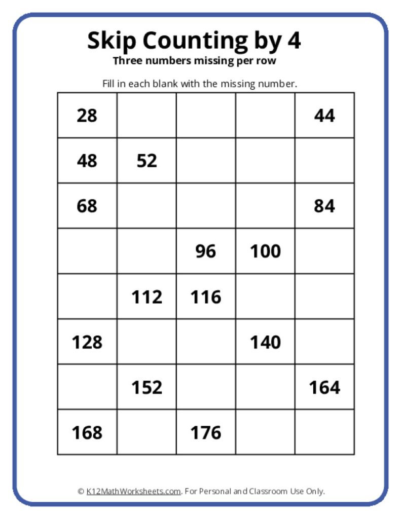 Skip Counting by 4 Worksheets