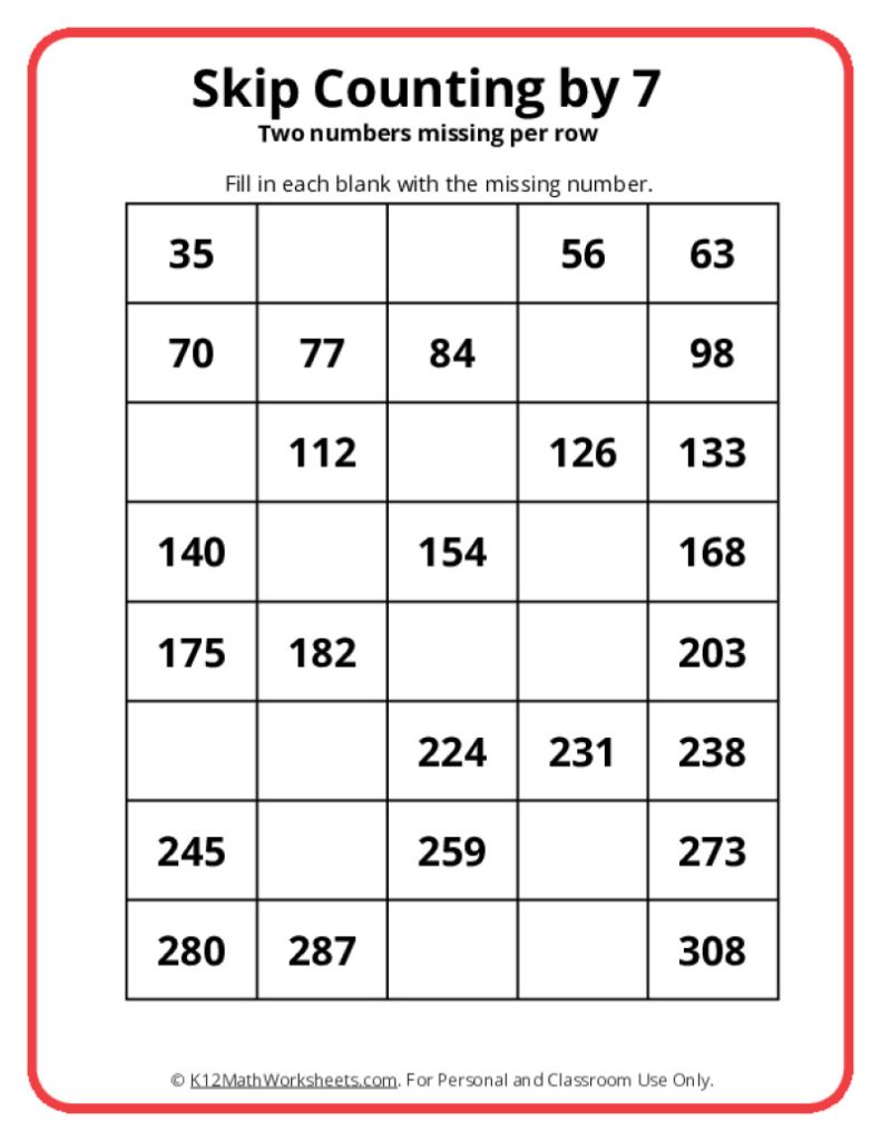 Skip Counting by 7 Worksheets