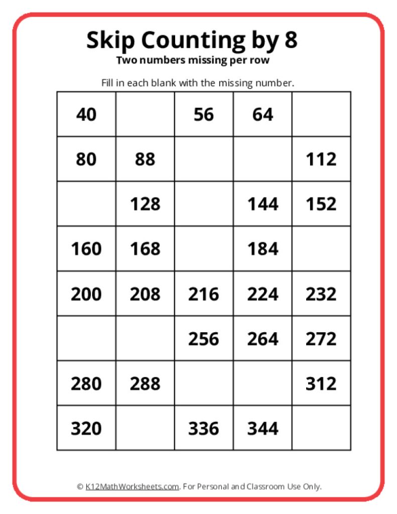 Skip Counting by 8 worksheets