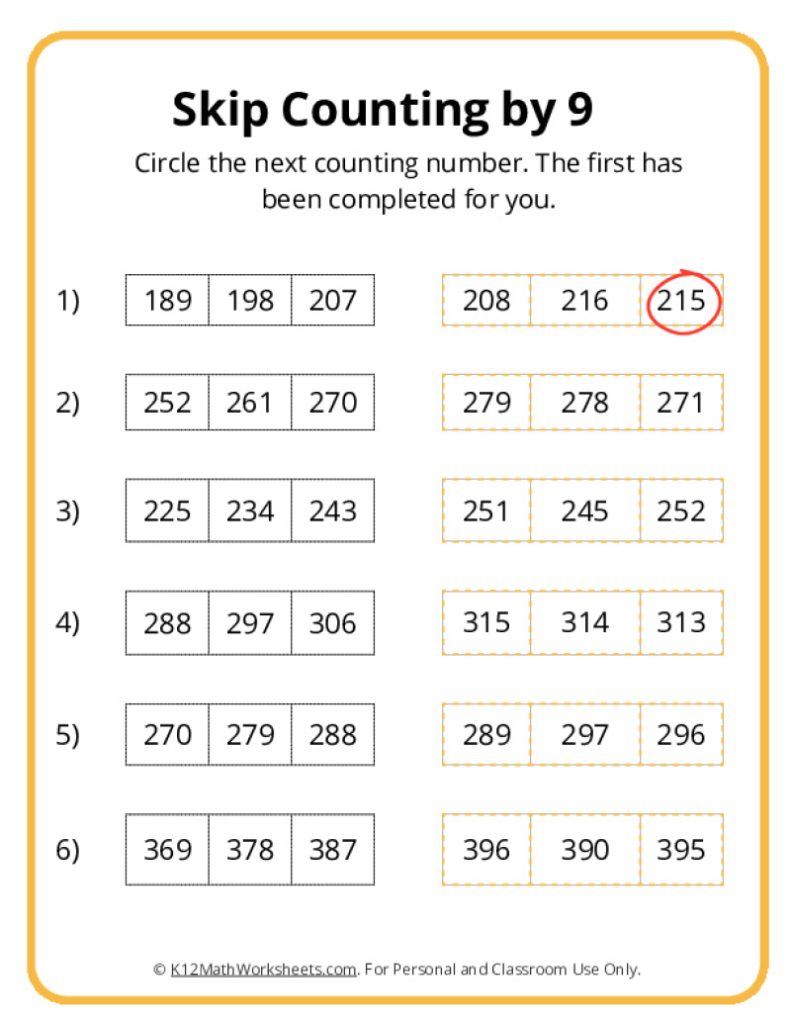 Skip Counting by 9 worksheets
