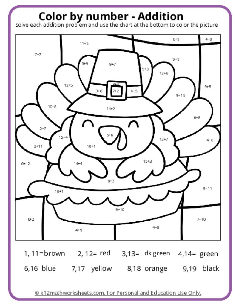 Thanksgiving Color by Number Addition