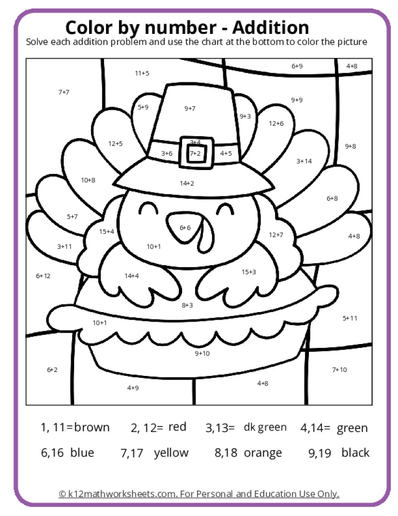 Thanksgiving Color by Number Pages - K12 Math Worksheets
