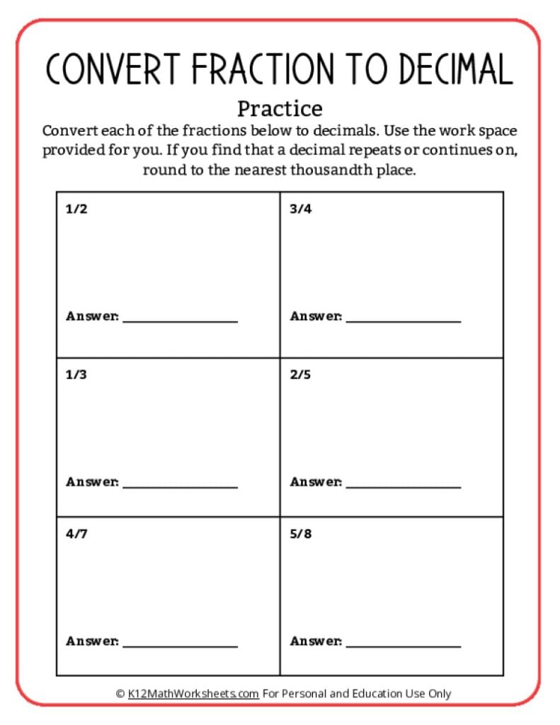 Converting Fractions to Decimals Worksheet PDF