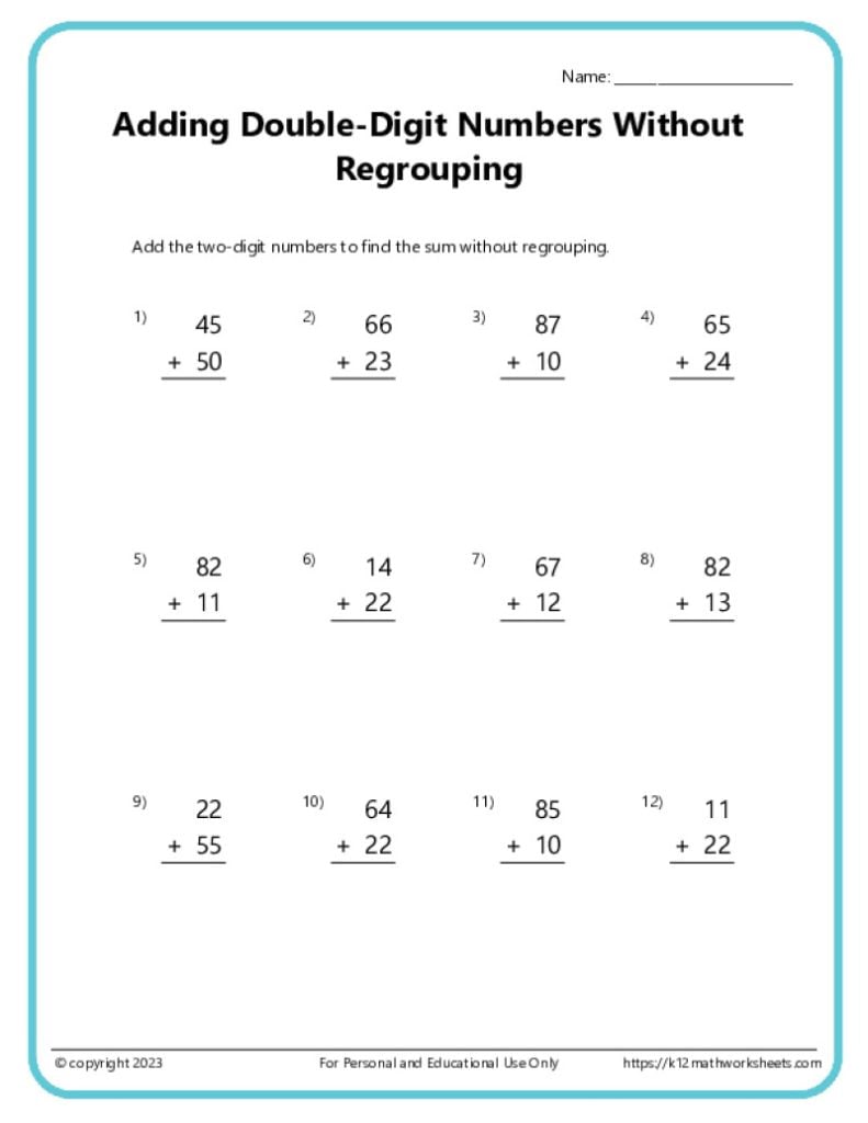 Double Digit Addition Without Regrouping