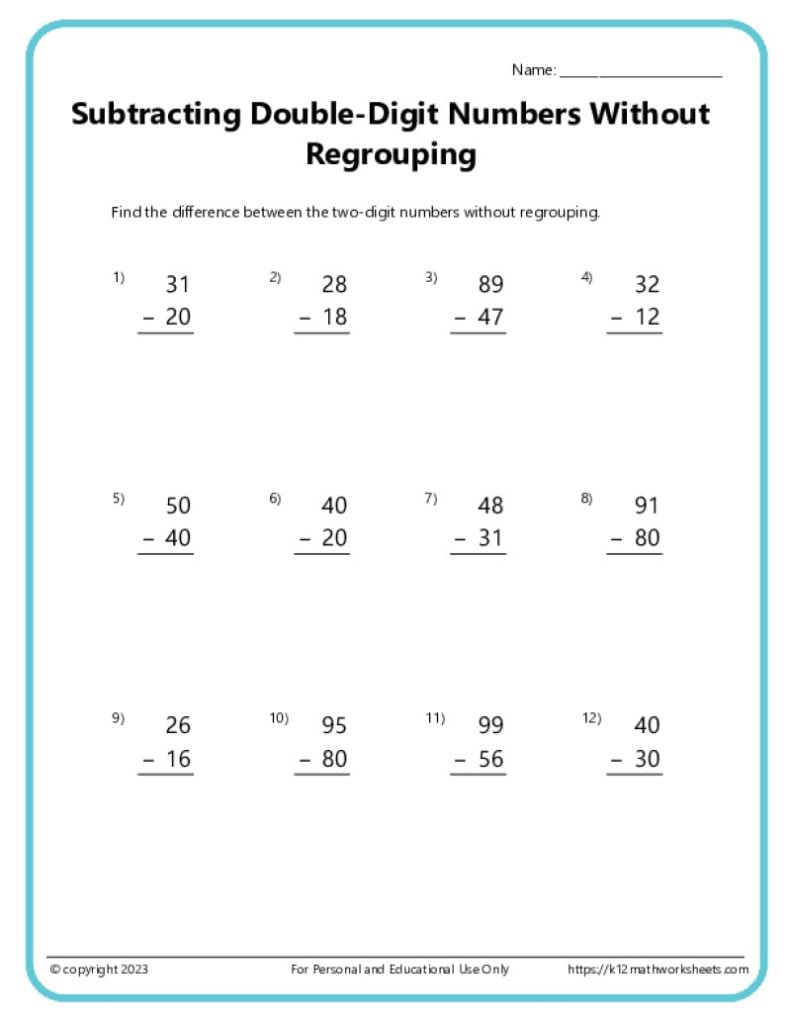 Double Digit Subtraction without Regrouping - Printable PDFs