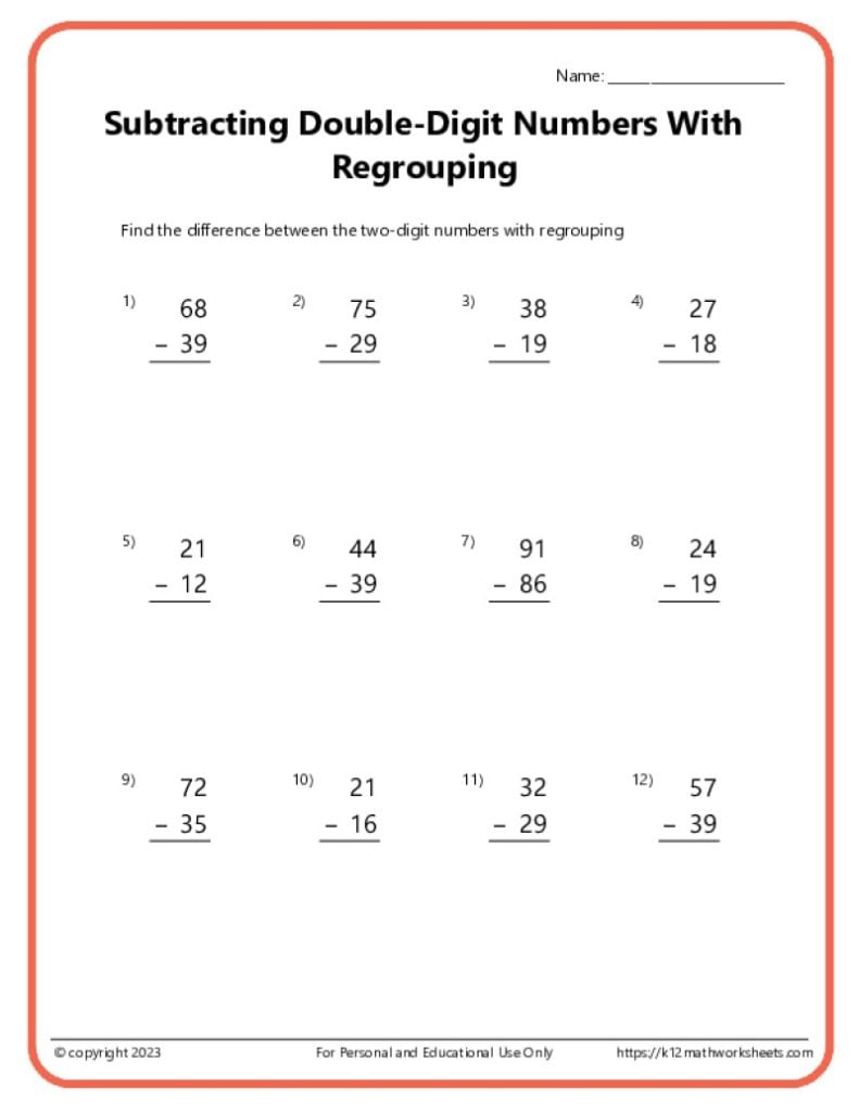 Double Digit Subtraction With Regrouping - Activity PDF