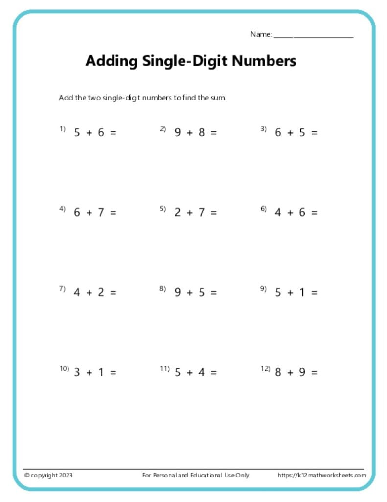 Single Digit Addition Printable Math Worksheets for Kindergarten