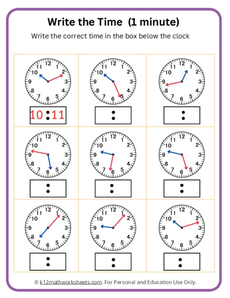 Write the time 1 minute printable clock activity
