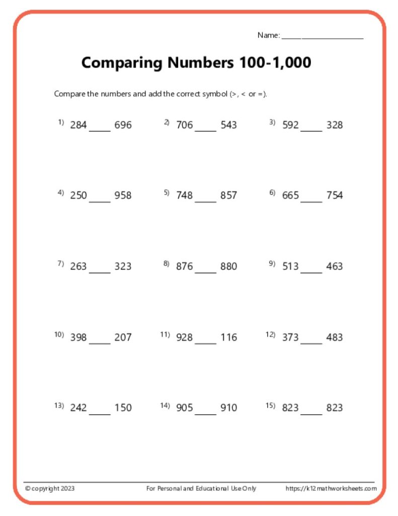 Comparing Numbers 100 - 1,000