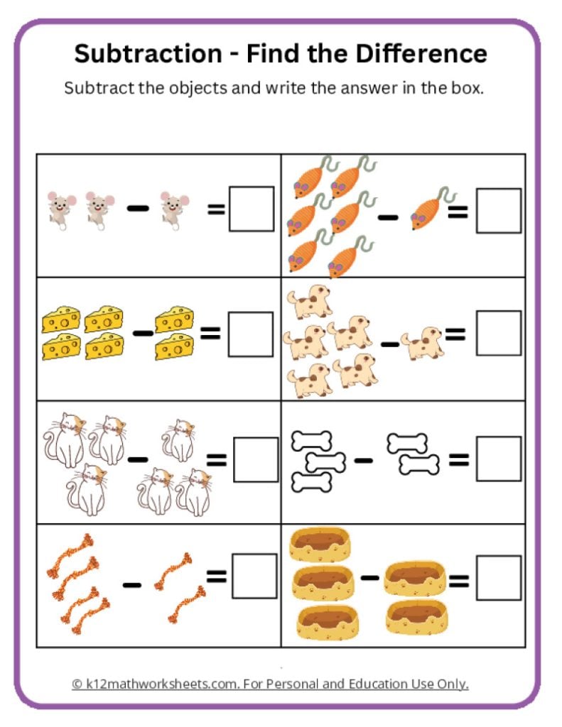 Kindergarten Subtraction Worksheet with Objects Only - Printable PDF
