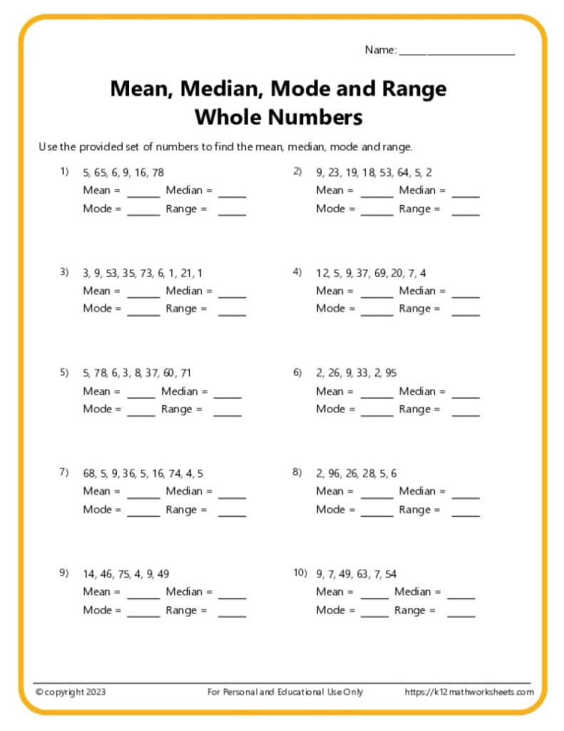 Math Activity Worksheet: Mean, Median, Mode and Range Printable PDF