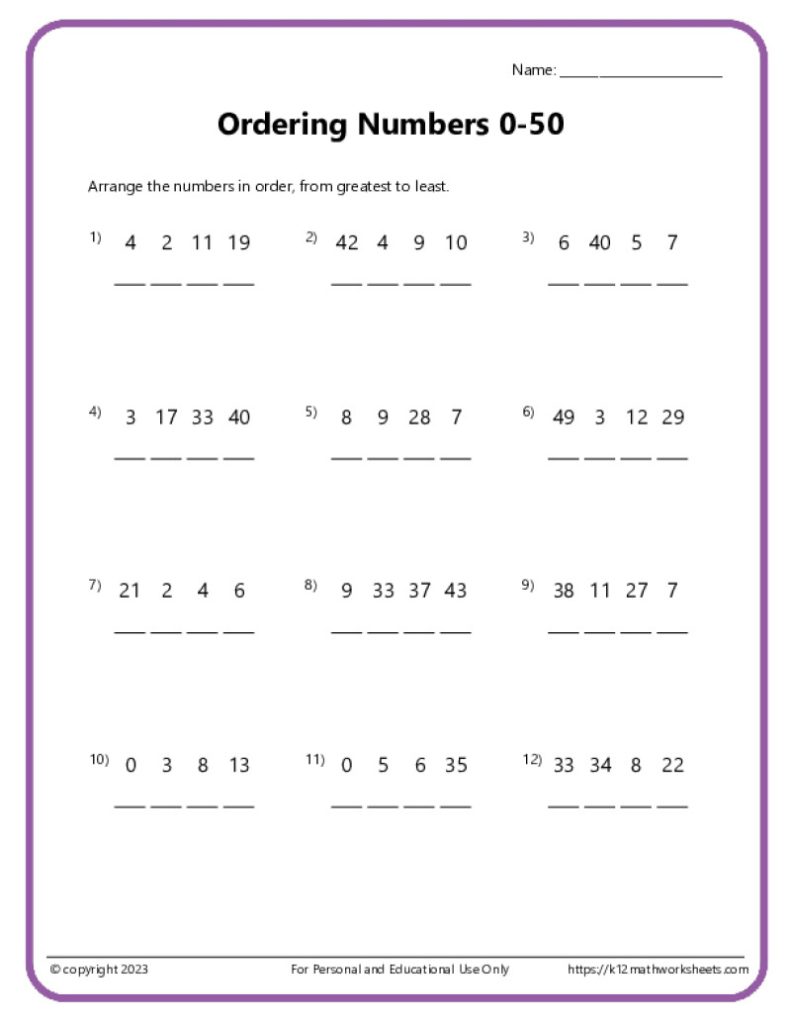 Ordering Numbers Worksheet - 0 to 50