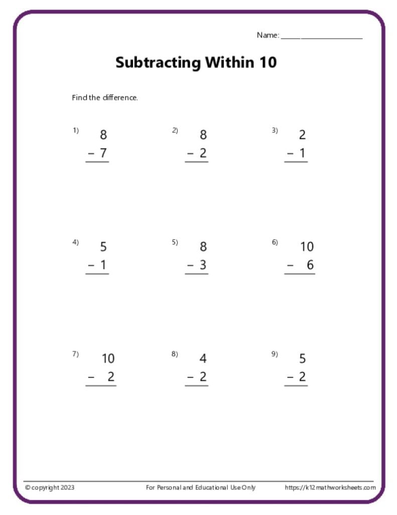 Kindergarten Subtraction within 10 worksheets