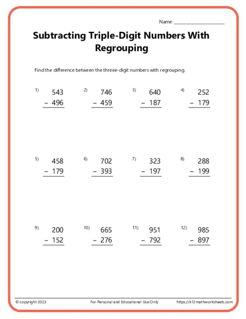 Triple Digit Subtraction with Regrouping (Printable PDFs)
