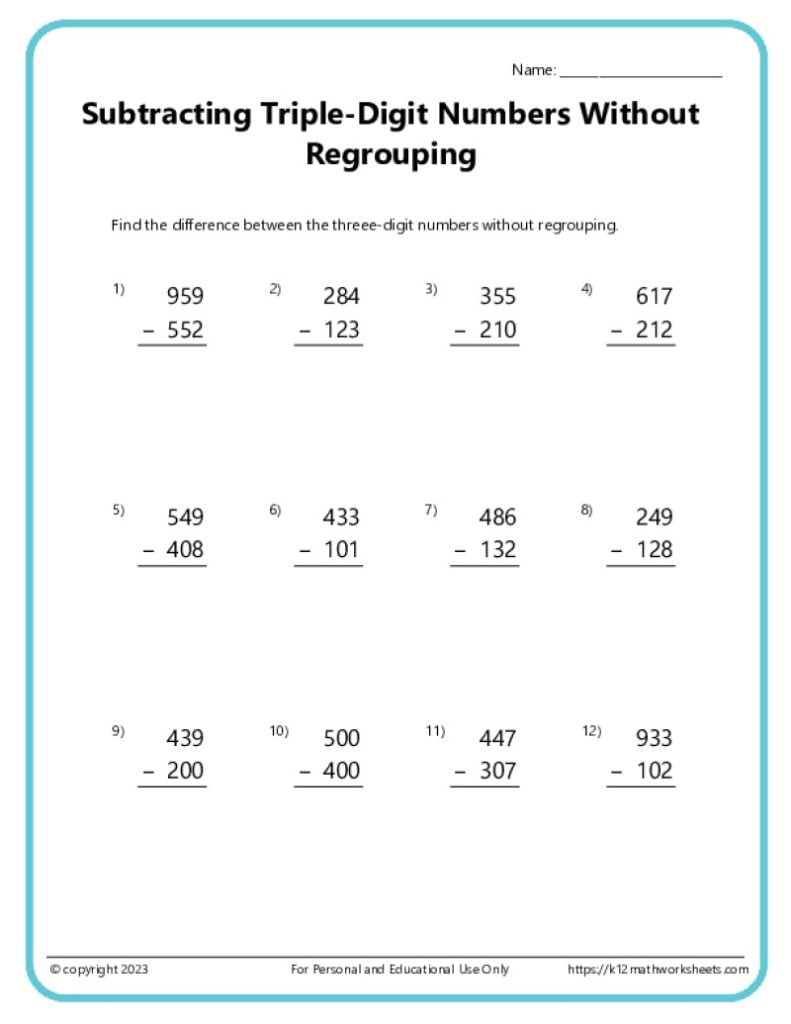 Triple Digit Subtraction with no regrouping - Printable PDF