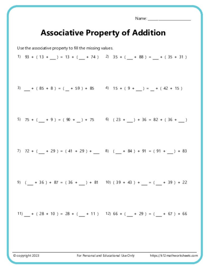 Educational Math Resource PDF: Associative Property of Addition at a Moderate Level Difficulty