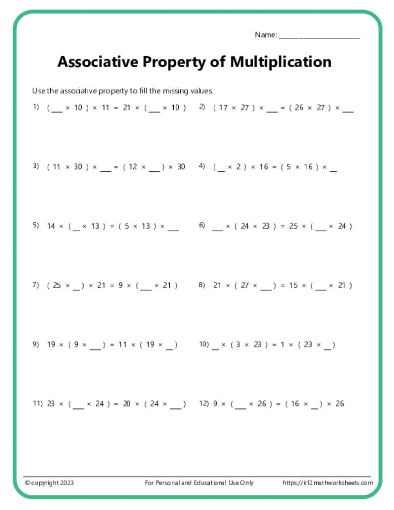 Printable Math PDF Worksheet: Associative Property of Multiplication Moderate Difficulty
