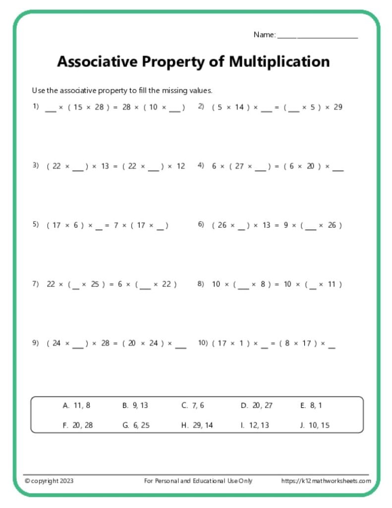 A printable math worksheet with problems related to the associative property of multiplication with an answer bank at the bottom.