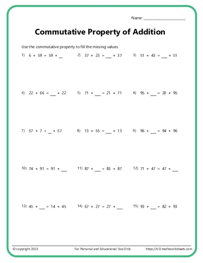 A printable math activity sheet with problems relating to the commutative property of addition at a moderate level difficulty.