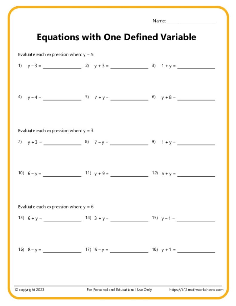 Variable Equations PDF Activity Sheet