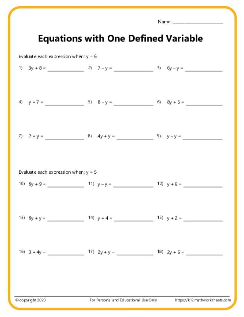 A printable worksheet with problems related to solving the equation when given a defined variable.