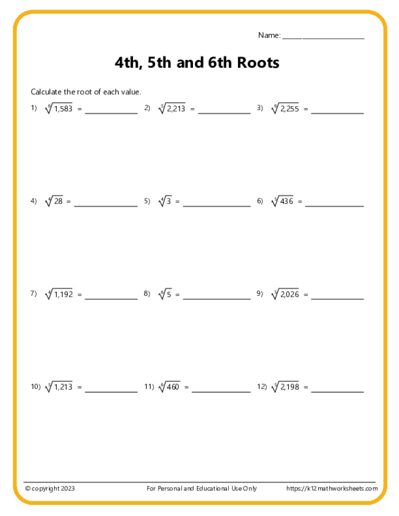 Square Roots Cube 4th 5th 6th Roots K12 Math Worksheets