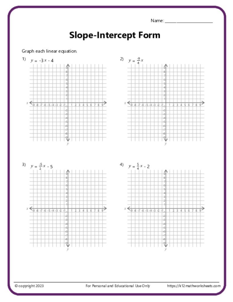 A printable pdf worksheet that has four problems relating to graphing the lines in slope intercept form.