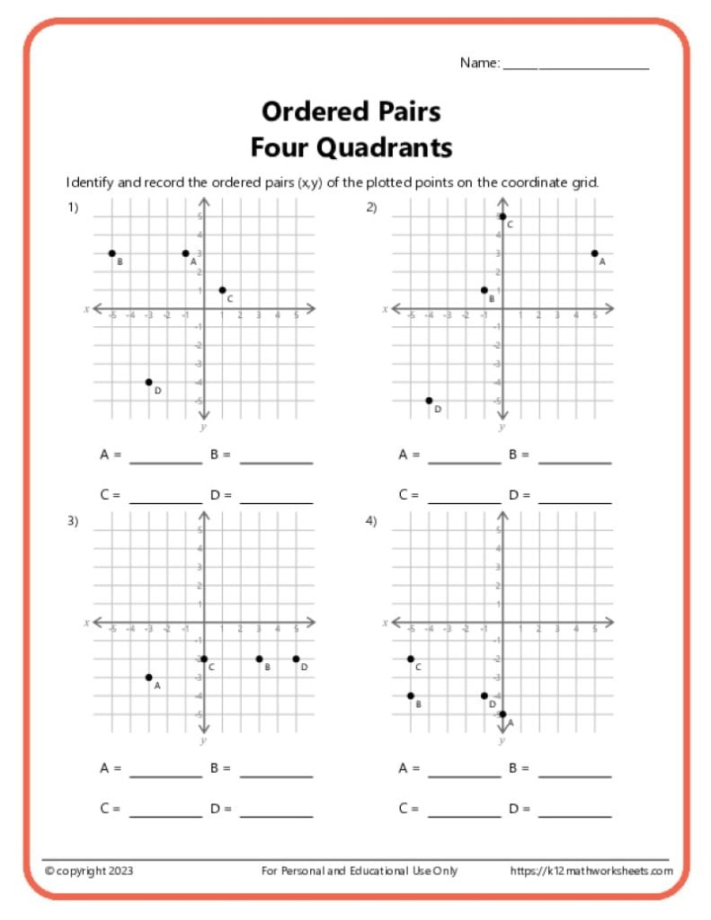 Mathematical Concepts Worksheet: Ordered Pairs on a Coordinate Grid