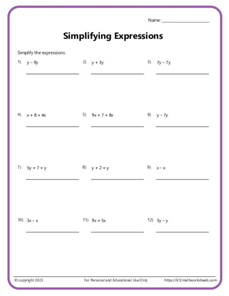 A printable algebra worksheet that covers simplifying expressions easy difficulty for beginners.