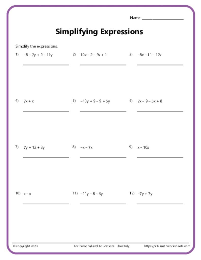 A moderate difficulty printable worksheet covering the algebra concept of simplifying expressions.