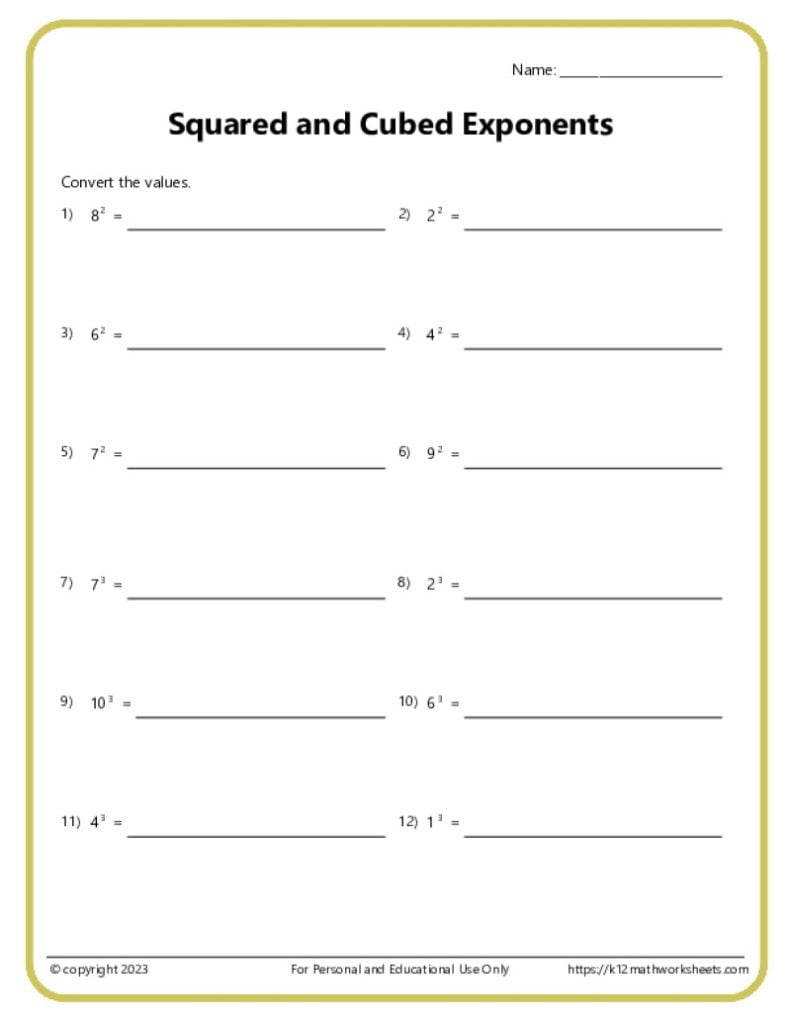 A printable math worksheet with squared and cubes exponents problems.
