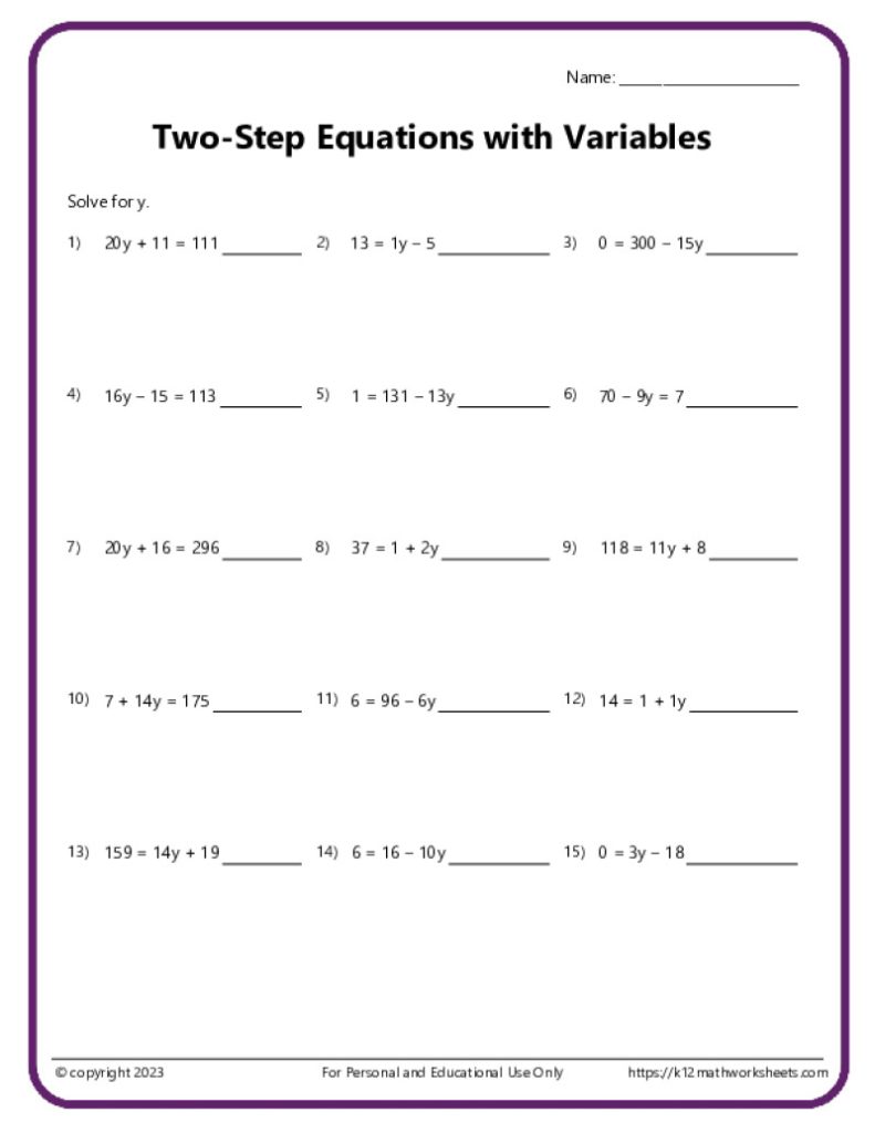Moderate Difficulty Printable Math Worksheet: Two-Step Equations with Variables on One Side