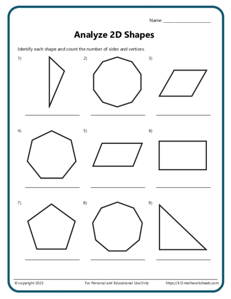 A printable geometry worksheet with problems related to analyzing the 2D shapes by counting the vertices and sides.
