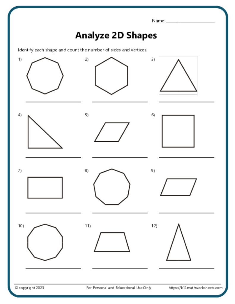 Printable PDF Worksheet: Count the Number of Sides and Vertices of the 2D Shapes.