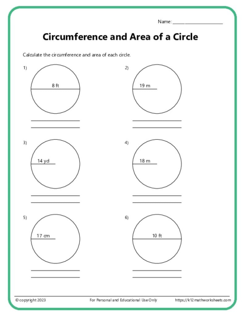 A printable geometry worksheet that has problems related to calculating the area and circumference of a circle.
