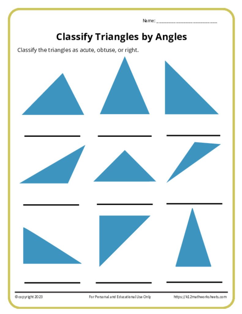 Printable PDF Worksheet: Classify the Triangles by Angle