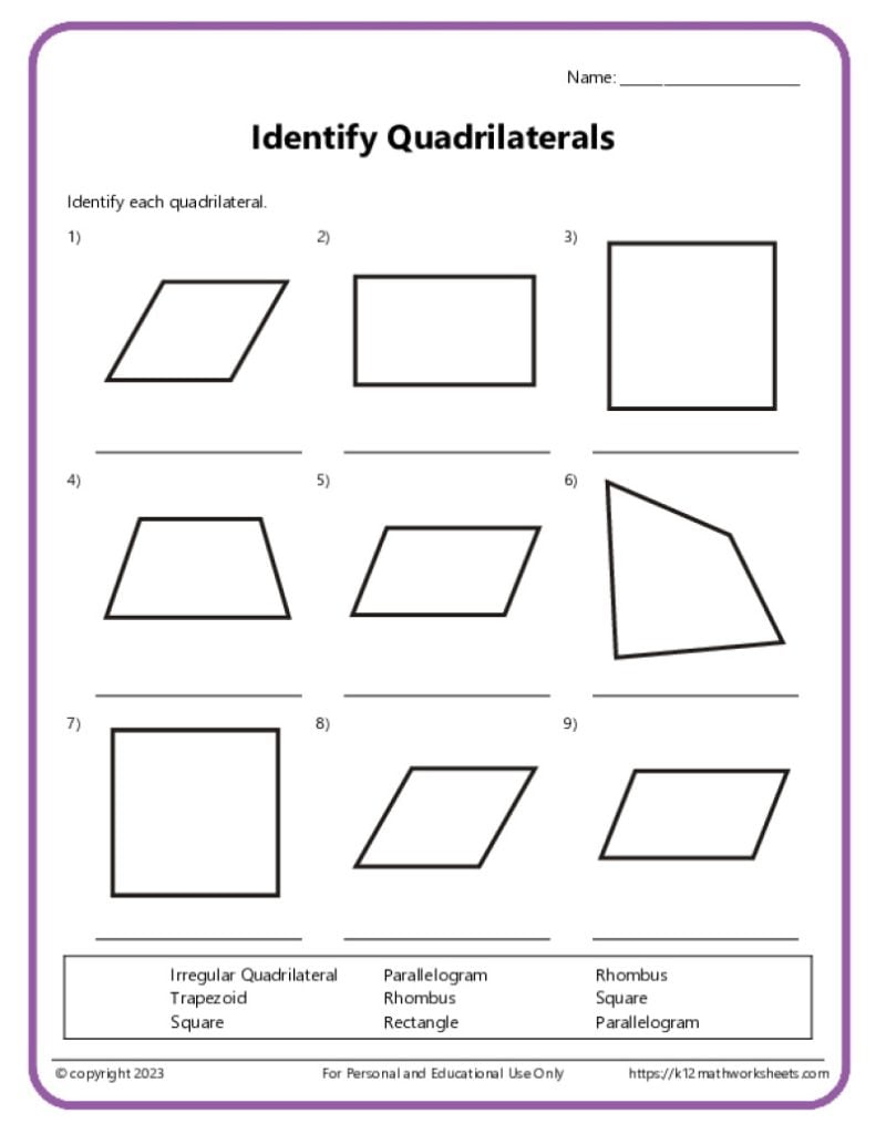 A printable math worksheet with problems related to identifying quadrilaterals.