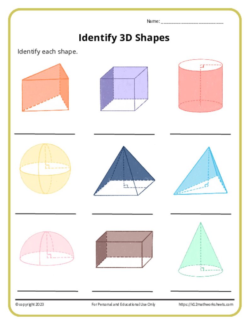 A printable math activity that has problems related to identifying the 3D shapes.
