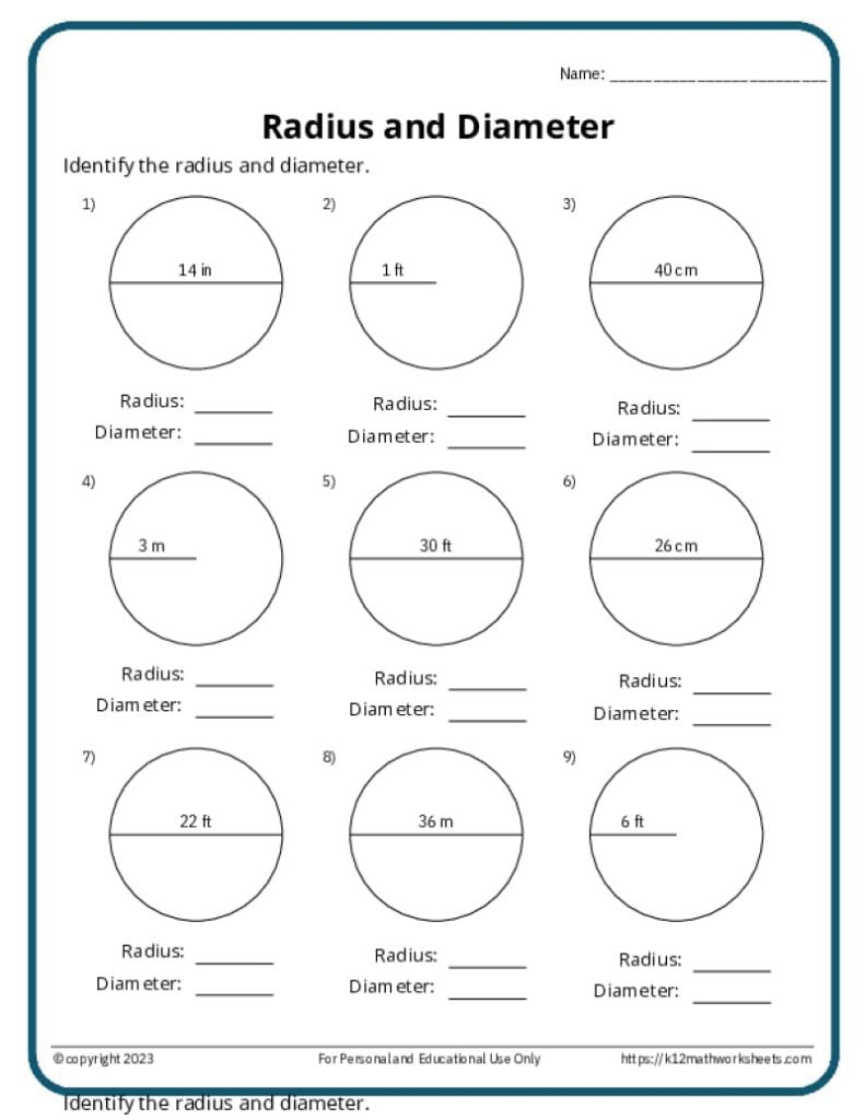 A printable math activity worksheet that has problems related to finding the radius and diameter of a circle.