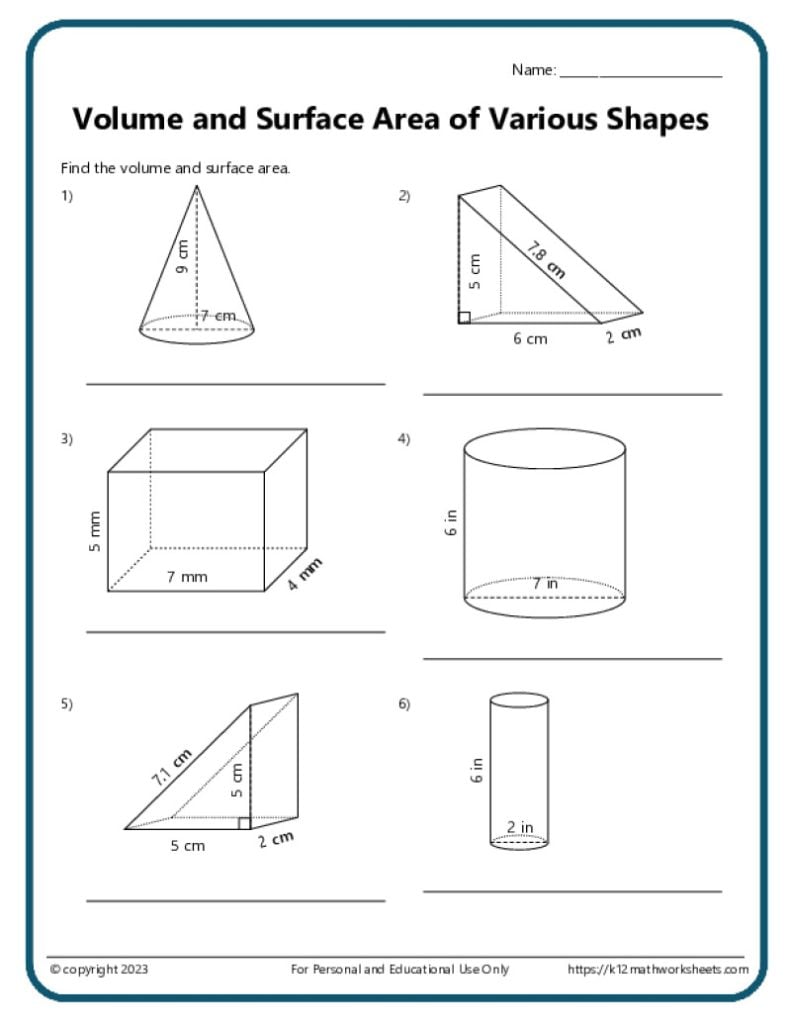 Printable Activity Sheet: Volume and Surface Area of Various Shapes