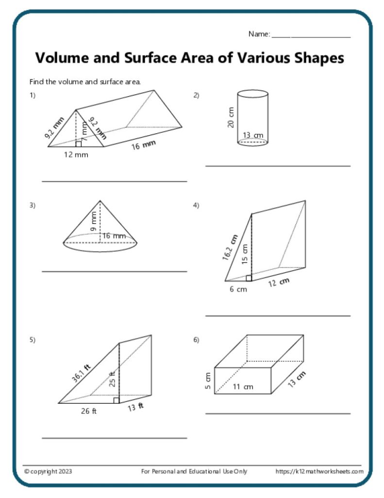 Educational Math Resource: Volume and Surface Area of Various Shapes