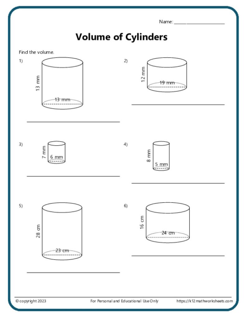 Printable PDF Worksheet: Volume of Cylinders with Larger Values