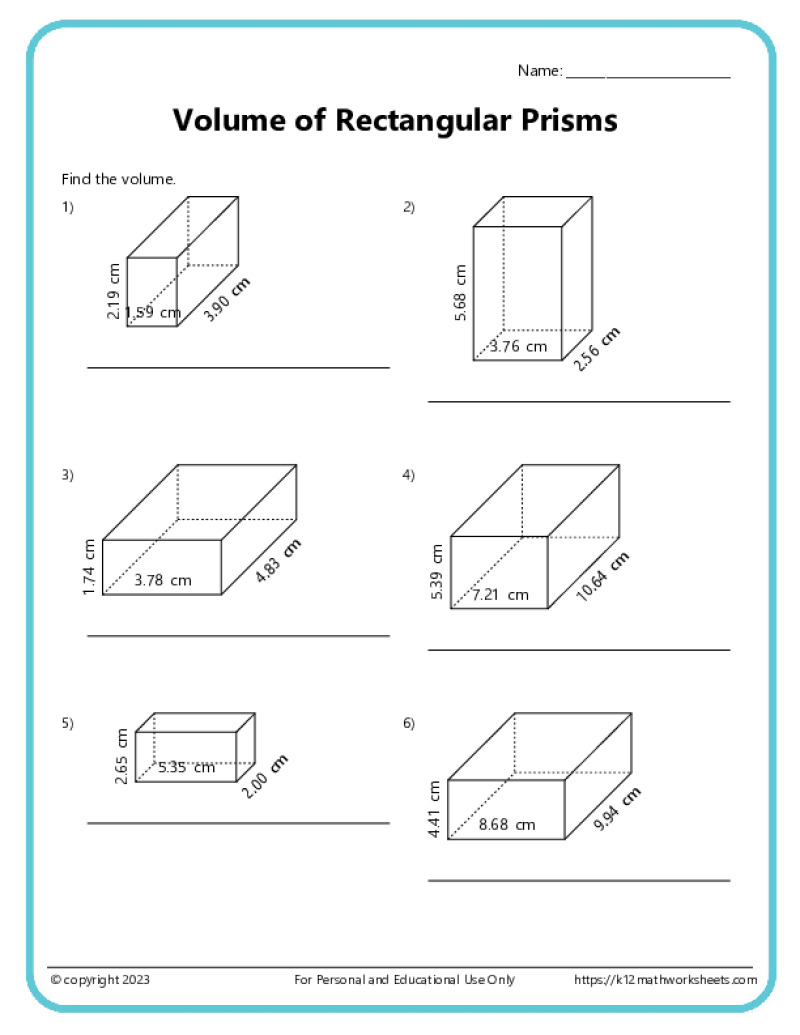 Volume And Surface Area Of Rectangular Prisms K12 Math Worksheets