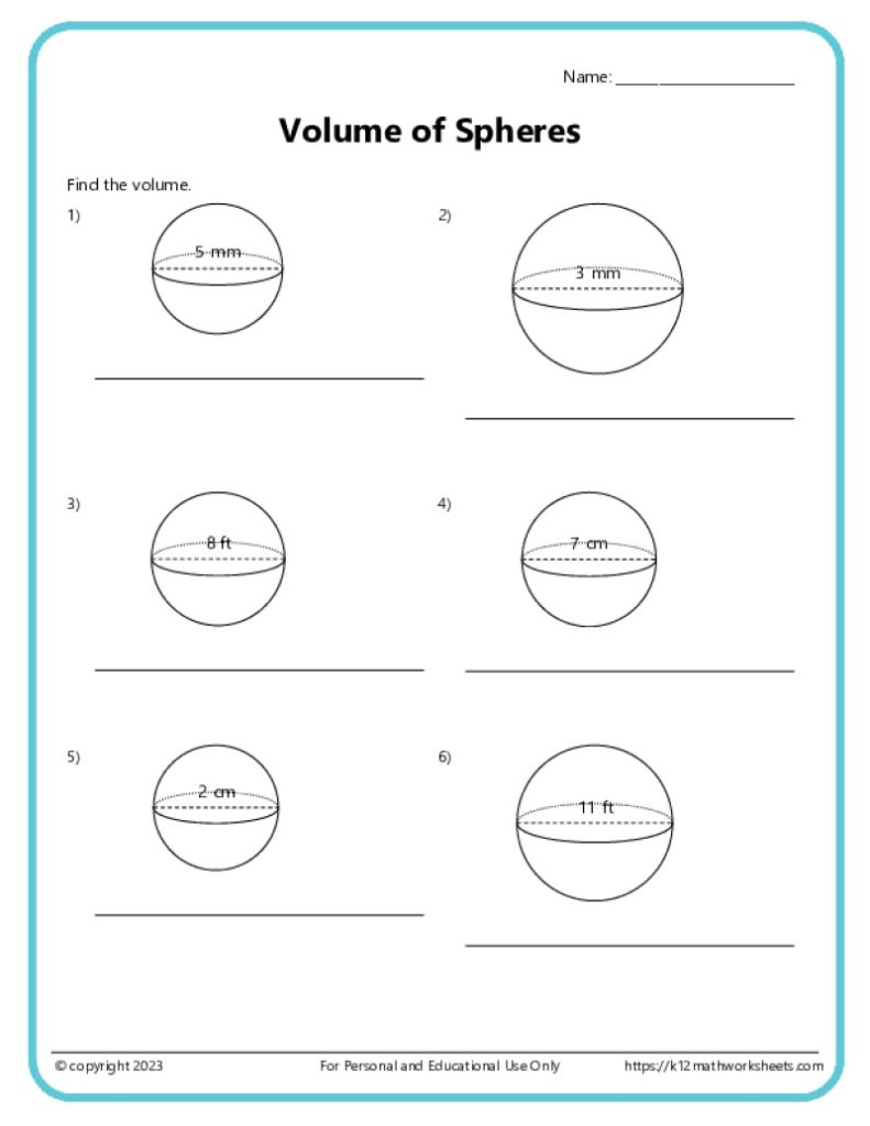 Printable Educational Resource: Volume of Spheres