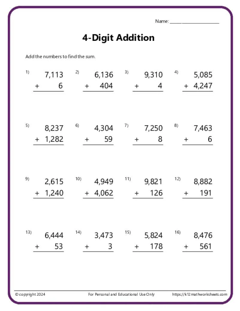 4 Digit Addition Worksheets For 2nd Grade Math Worksheets Place