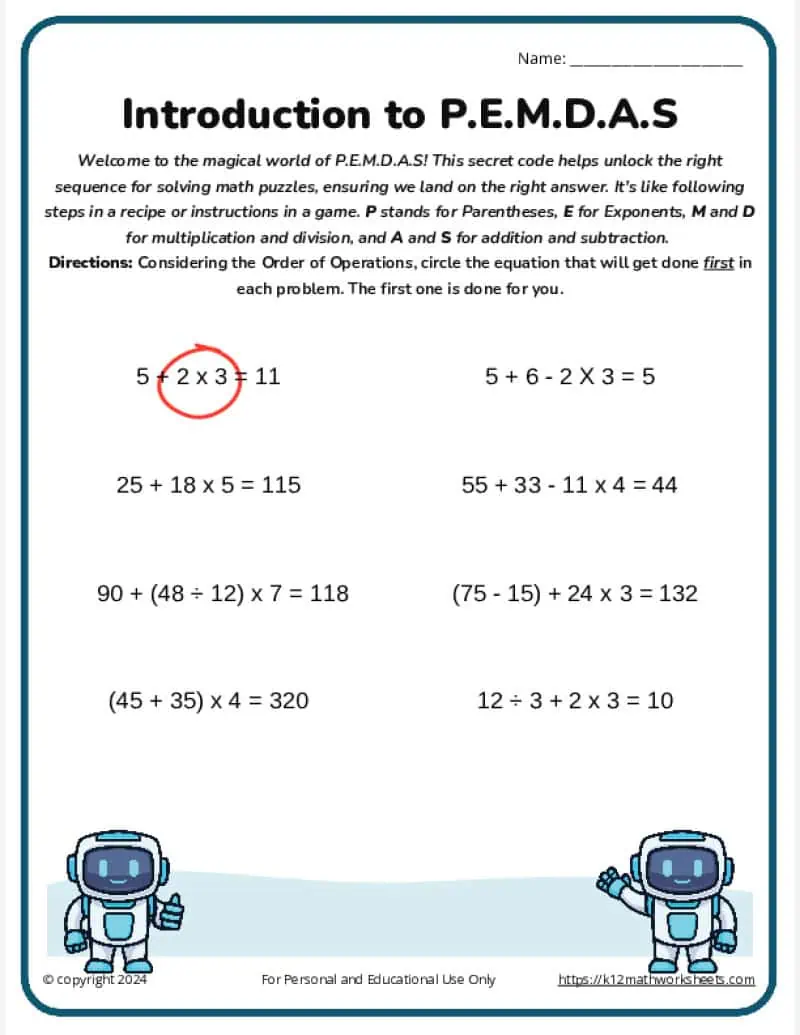 Pemdas Examples For Grade 6